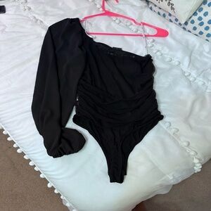 Lulu's Obviously Chic Black Mesh Ruched One-Shoulder Bodysuit